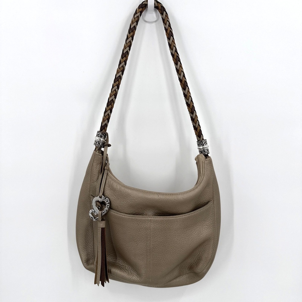 Brighton Barbados Taupe Pebbled Leather Braided Shoulder Bag Tassel Western